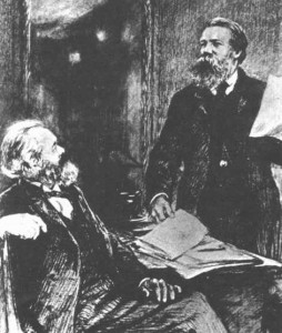 Marx und Engels 1867 in London bei der Arbeit am „Kapital“ (Zeichnung von Schukow)