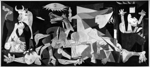 Guernica ist Picassos bekanntestes eindeutig politisches Kunstwerk. Sechs Tage nach der Bombardierung der kleinen Stadt Guernica am 26. April 1937 durch deutsche und italienische Faschisten begann Picasso mit der Arbeit an dem dreieinhalb mal acht Meter großen Wandbild. Das grelle Glühbirnenlicht, das Gräulich-bllau, das Schwarz dominieren das Bild - oder wie Paul Eluards in seinem begleitenden Gedicht Der Sieg von Guernica schreibt, habe das „Abscheuliche unserer Feinde“ „die schale Farbe unserer Nacht“