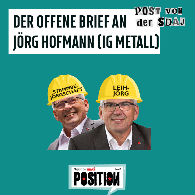 Jörg Hofmann ist Bundesvorsitzender der Industriegewerkschaft Metall und Mitglied der SPD. Chris ist in der SDAJ und der IG-Metall-Jugend Nürnberg aktiv. Er arbeitet in einem Autohaus im Teiledienst