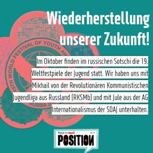 Geschichte und Bedeutung der Weltfestspiele Im Kampf um die Internationale Solidarität steht der Weltbund der Demokratischen Jugend (WBDJ) an vorderster Stelle. Der WBDJ wurde am 10. November 1945 im Ergebnis des Zweiten Weltkrieges aus den Erfahrungen des Kampfes der Jugend Europas gegen den Faschismus gegründet. In der Gründungsurkunde heißt es: „Wir geloben, die Einheit aller jungen Menschen in der Welt zu schaffen, Menschen aller Rassen, jeglicher Hautfarbe, aller Nationalitäten und jeglicher Konfession, alle Überreste des Faschismus von dieser Erde zu tilgen, eine tiefe und ehrliche internationale Freundschaft aller Völker der Welt zu fördern, einen gerechten und dauernden Frieden zu erhalten und Not und erzwungene Betätigungslosigkeit auszumerzen.“ Der WBDJ hat in seiner Geschichte zahlreiche Beispiele von Solidaritätsaktionen gegeben. So wurde ein Krankenhaus in Vietnam gebaut, es gab Unterstützung für die chilenischen Genossinnen, die vor dem Putsch fliehen mussten, Boykottkampagnen gegen das Apartheidsregime in Südafrika, Solidaritätsmissionen nach Palästina und Spendensammlungen für Nicaragua. Im Sommer 1947 trafen sich Jugendliche aus 72 Ländern im noch von Krieg und deutscher Besatzung zerstörten Prag zu den ersten WFS. Zum Programm gehörte auch ein Besuch in dem von deutschen Faschisten völlig zerstörten Dorf Lidice, dessen Einwohner in einer sog. Vergeltungsmaßnahme ermordet wurden. Vier Jahre später fanden die nächsten WFS dann in Deutschland statt. Doch die westdeutsche Adenauer-Regierung kriminalisierte den Vorbereitungsprozess und die Teilnahme. Die FDJ wurde verboten und nach stundenlanger Flucht vor jagenden BRD-Grenztruppen sind mehrere Jugendliche in der Elbe ertrunken. Doch nach Berlin, Hauptstadt der DDR, kamen über 200.000 Jugendliche. Davon 30.000, die illegal aus der BRD ausreisen mussten. 1959 fanden die WFS in der österreichischen Hauptstadt Wien statt, 1973 nochmals in Berlin. Nach 1990 fanden die WFS u.a. in Cuba, in Venezuela und in Südafrika statt. Die 19. WFS werden dieses Jahr in Russland stattfinden.